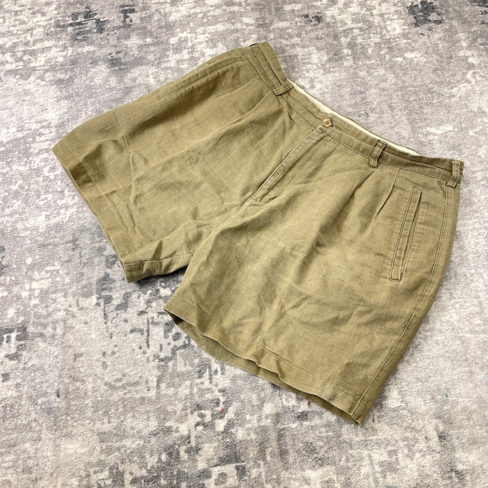 Vtg Unbranded Mens 38W Pleated Linen‎ Blend Shorts Lichen Beige Casual Summer